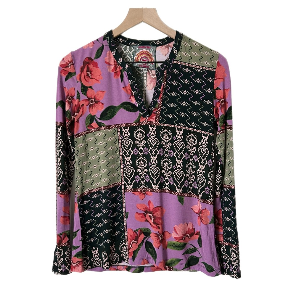 Johnny Was Top Rayon Purple Patchwork Floral Long Sleeve V-Neck Size XXS